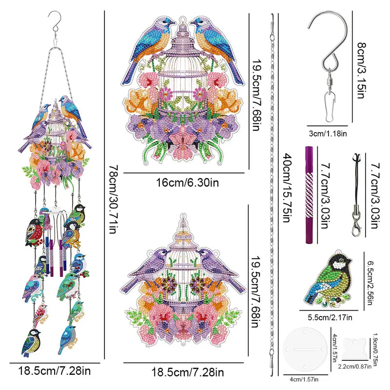 Double Side Wind Chime Diamond Art Hanging Pendant Decor ( Lantern Birdcage Hummingbird Butterfly Dragonfly) 1205928